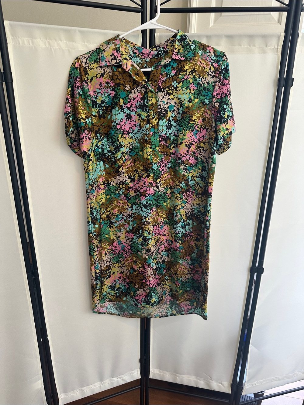 Jcrew 100% SilkFloral Short Sleeve Shift Dress in Pink, Teal & Olive
